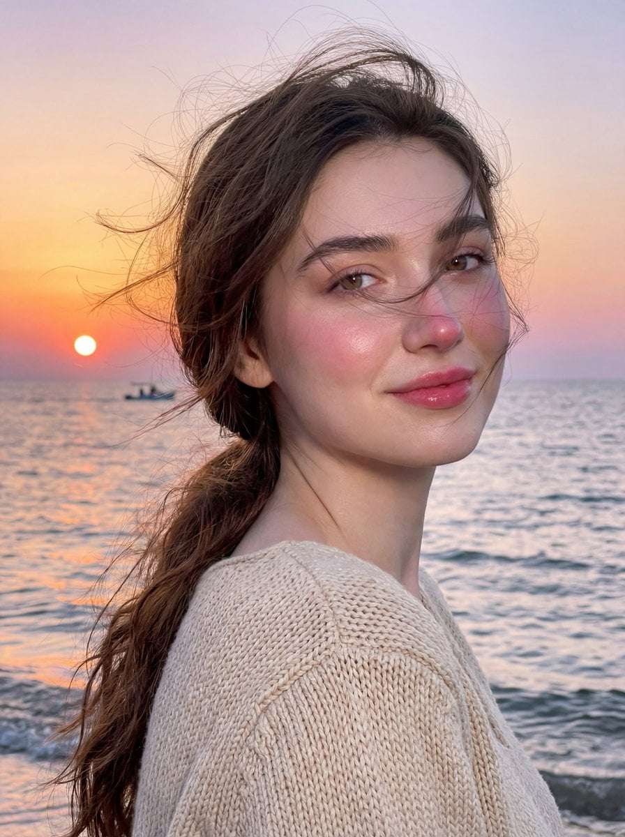 Realistic Woman Seaside Sunset Portrait