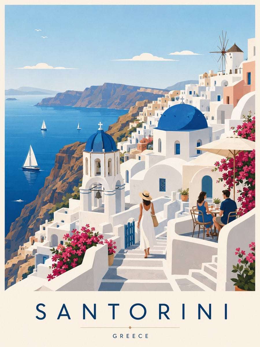 Santorini Travel Poster Vector Illustration