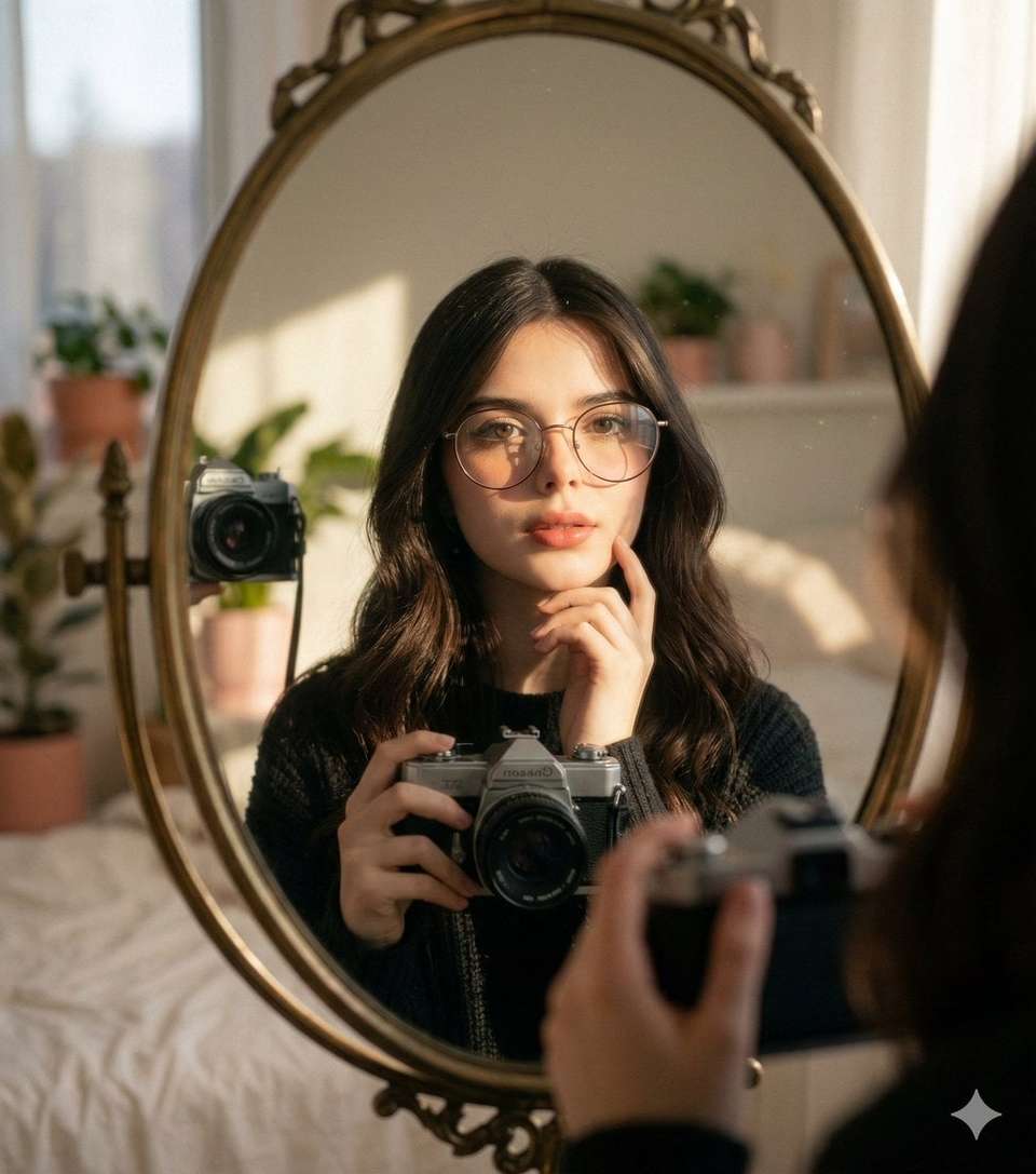 Self Portrait Young Woman Vintage Camera