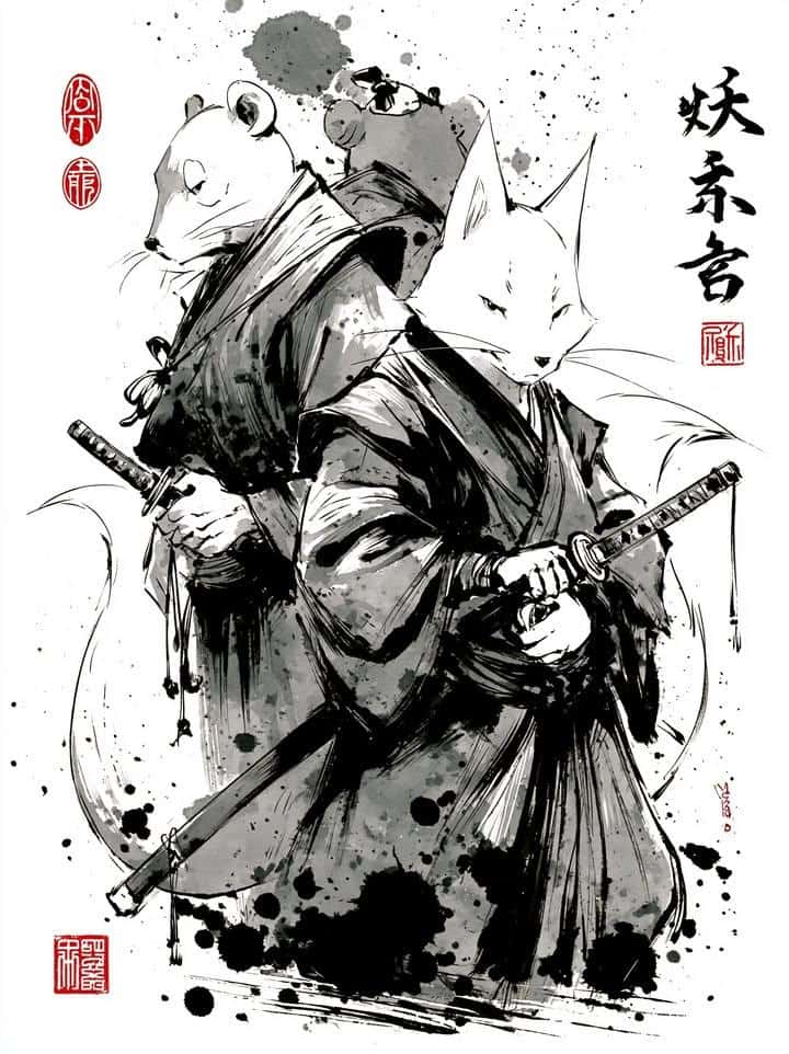 Sumi-e Samurai Fox Rat Ink Wash