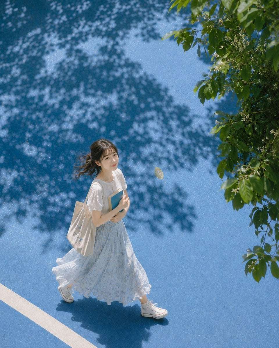 Summer Woman Walking Blue Pavement