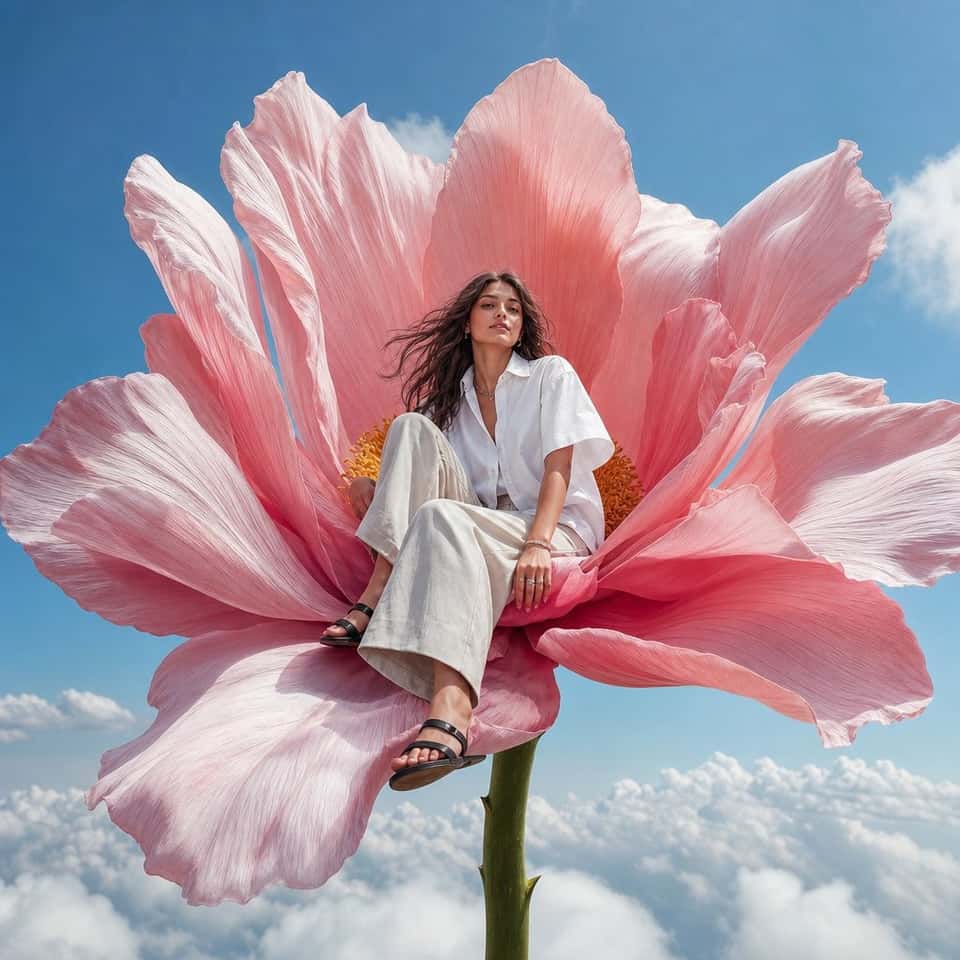 Surreal Fashion Model Pink Flower Clouds