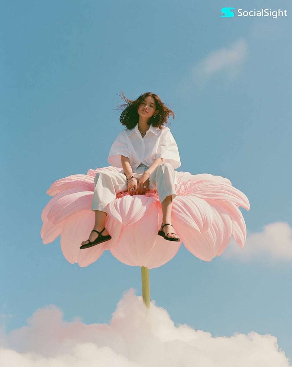 Surreal Fashion Model Pink Flower Clouds