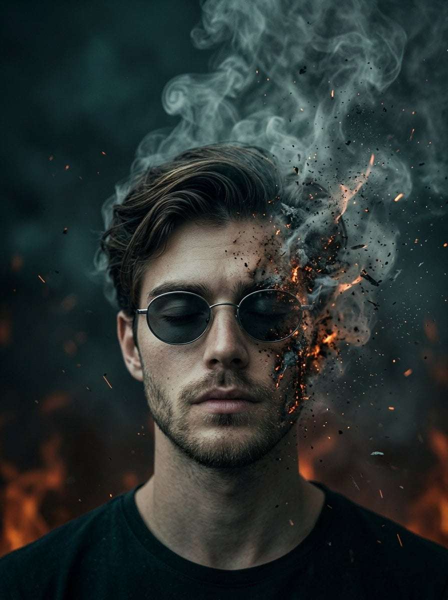 Surreal Man Disintegrating Smoke Portrait