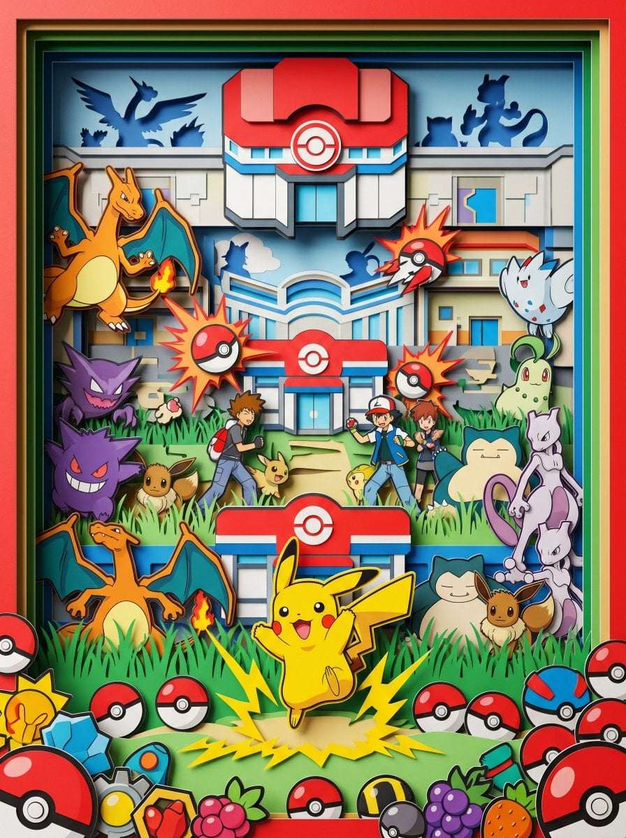 Vibrant 3D Paper Cutout Pokémon Diorama