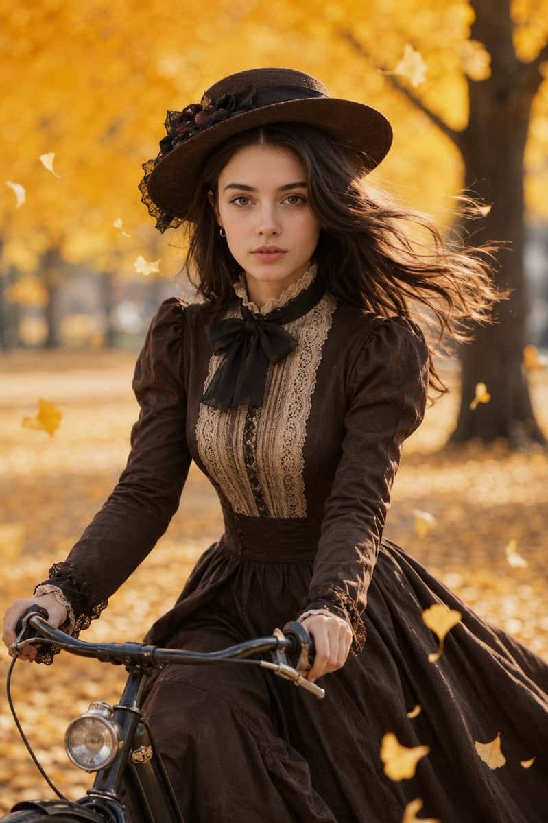 Victorian Woman Autumn Park Bicycle Portrait