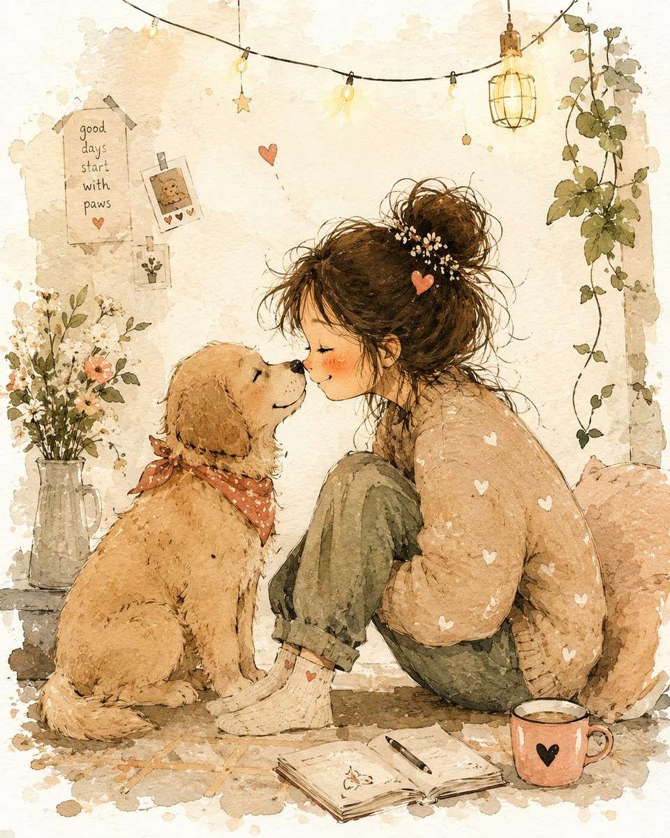 Whimsical Watercolor Storybook Girl Dog