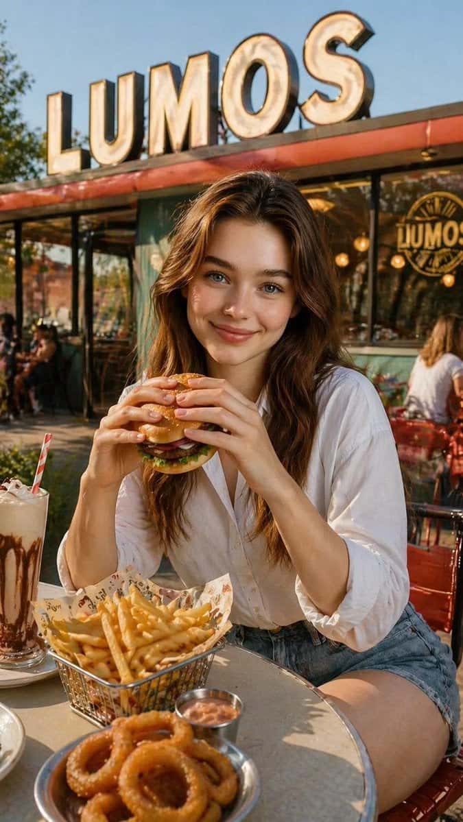 Woman Eating Burger At Lumos Restaurant